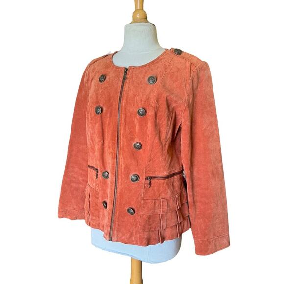 Burnt Orange Suede Leather Jacket w Ruffles & Large Buttons by Prosper & Devine - Picture 5 of 9